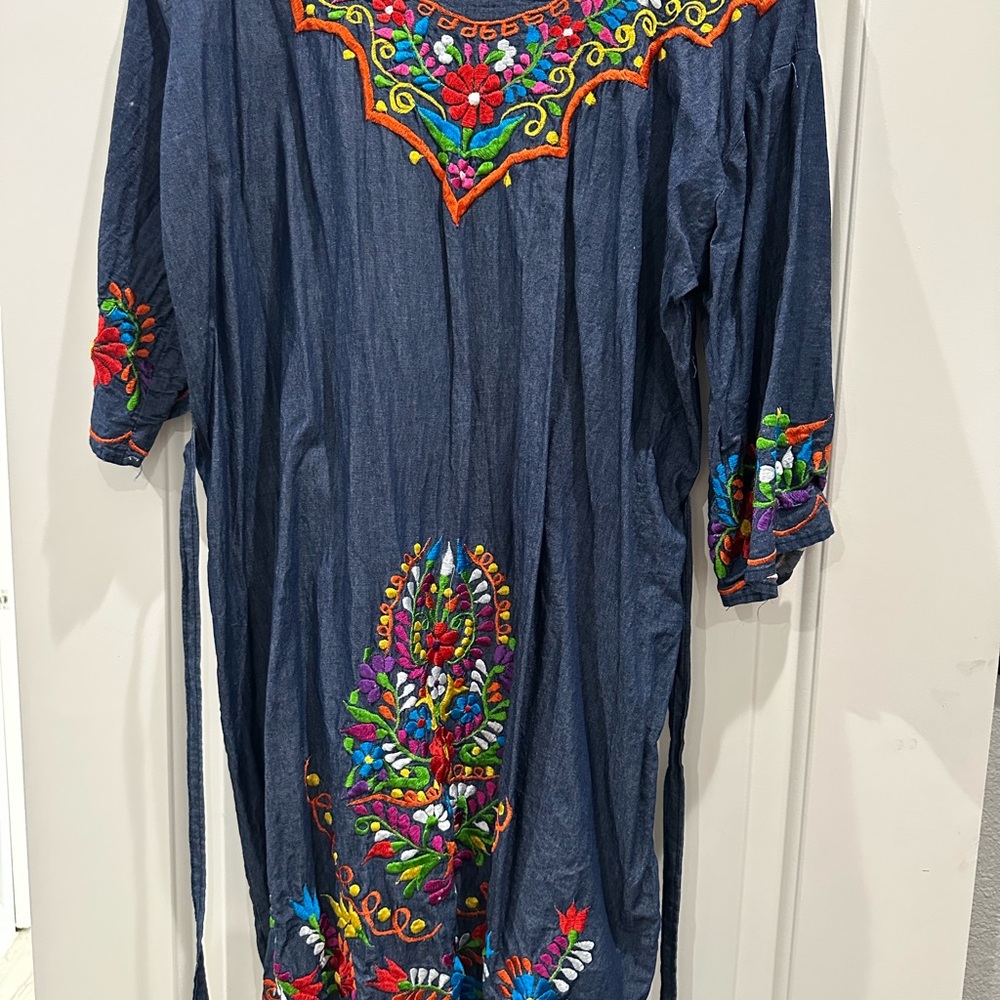 Embroidered Cotton Dress with Orange and Pink Accents